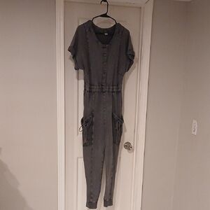 Anthropologie Gray Jumpsuit with Elastic Waist and Short Sleeves